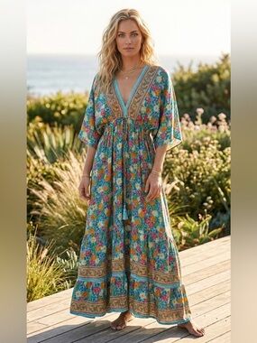 Zury Silk Boho Maxi Dress | 70% Silk Floral Paisley Tiered V-Neck Gown - Size M